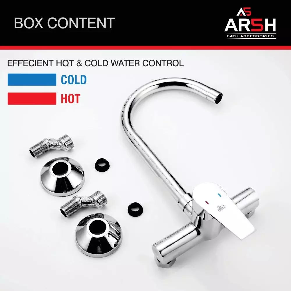 AR5H Single Lever Sink Mixer Tap Wall Mounted Brass Chrome Finish with 360° Swivel Spout, ARIA-003