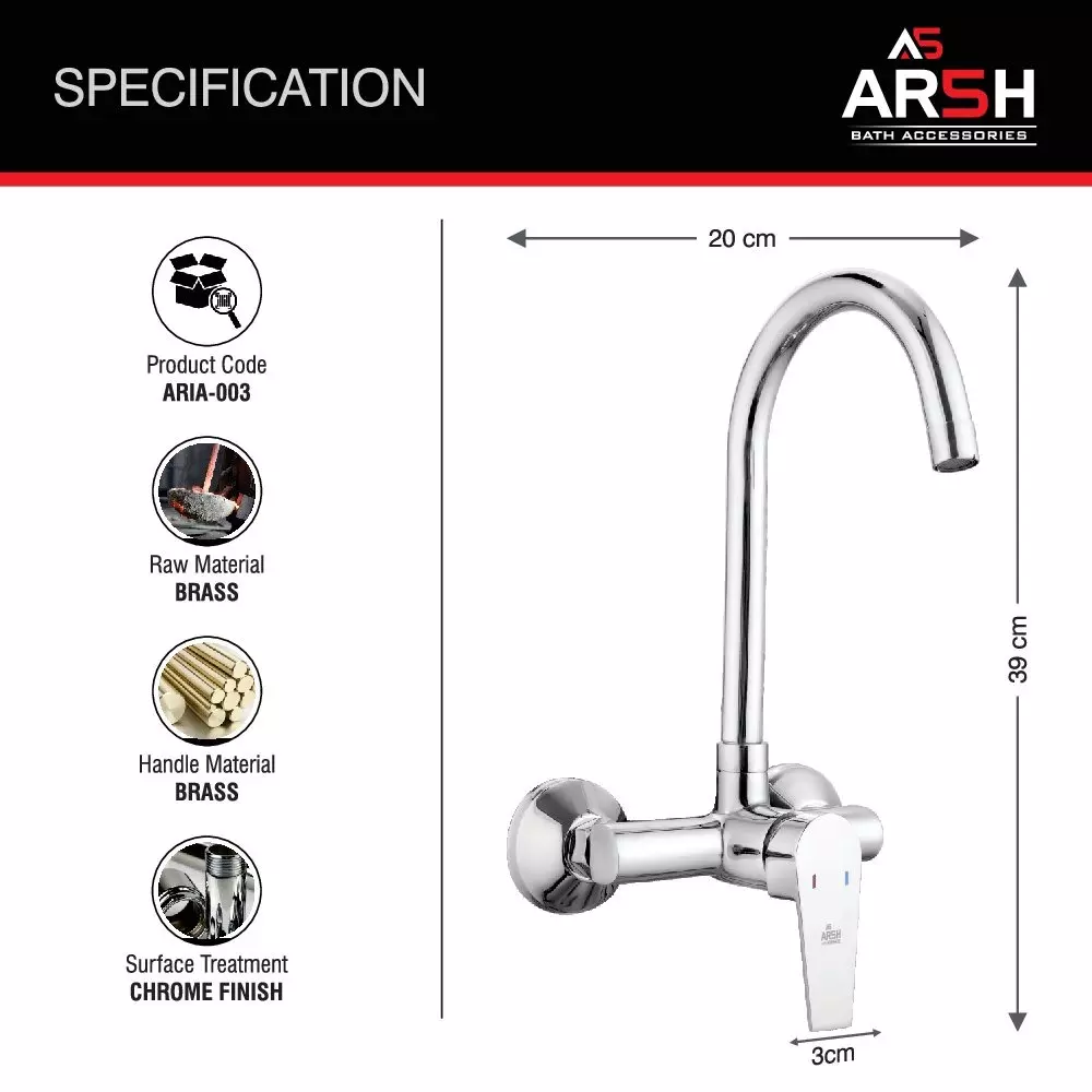 AR5H Single Lever Sink Mixer Tap Wall Mounted Brass Chrome Finish with 360° Swivel Spout, ARIA-003