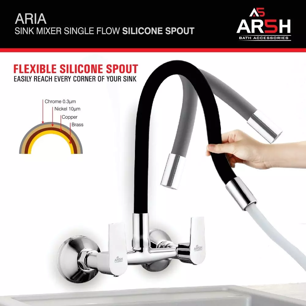 AR5H Single Flow Sink Mixer Tap Solid Brass Chrome Finish with 360° Flexible Black Spout & Dual Handle, ARIA-0013
