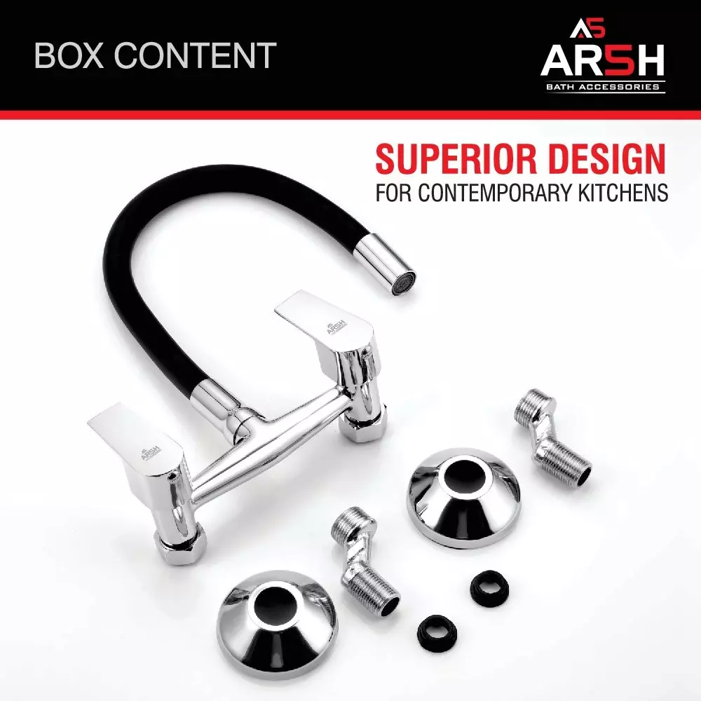 AR5H Single Flow Sink Mixer Tap Solid Brass Chrome Finish with 360° Flexible Black Spout & Dual Handle, ARIA-0013