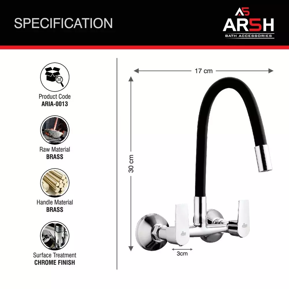 AR5H Single Flow Sink Mixer Tap Solid Brass Chrome Finish with 360° Flexible Black Spout & Dual Handle, ARIA-0013