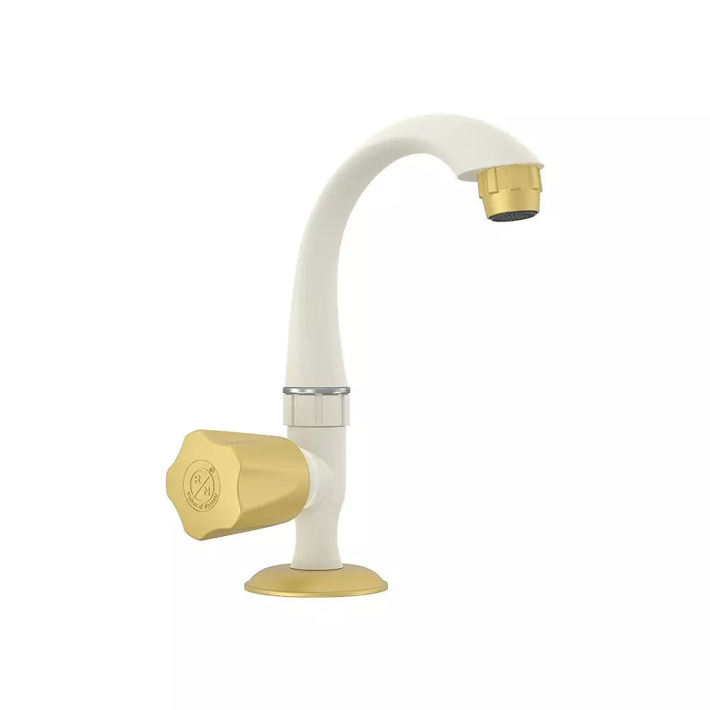 RN Foam Flow Mini Swan Neck Tap Table Mounted PTMT Ivory Bright Gold 1/2 Inch (15 mm) Size for Kitchen & Bathroom Use, RNMAJ06A13