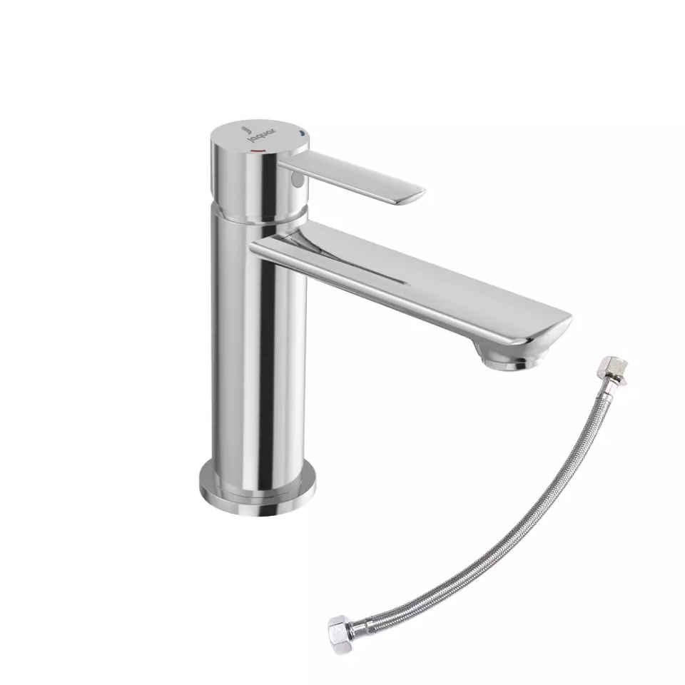 Jaquar Fusion Prime Single Lever Basin Mixer Tap with 450 mm Long Braided Hose Pipe Silver Stainless Steel for Home Use, FUP-CHR-29011BPM