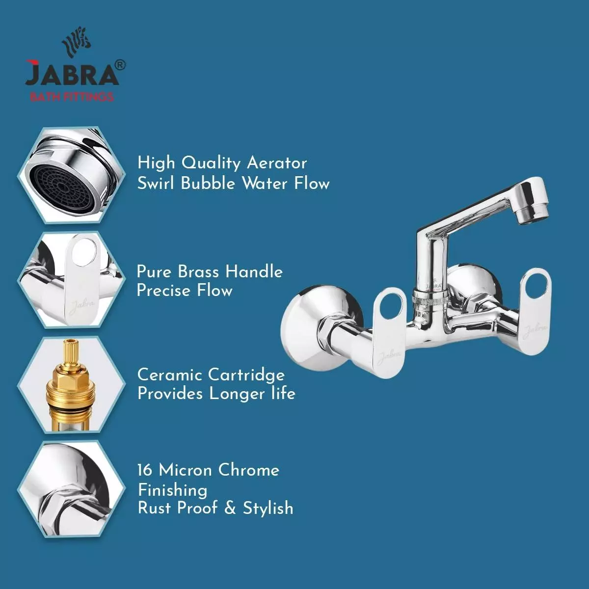 Jabra Sink Mixer (H) Oreo Series Brass Chrome Finish Wall Mount Silver