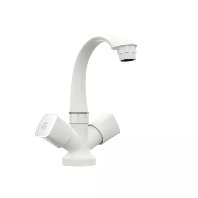 RN PTMT Center Hole Basin Mixer Tap 1/2 Inch (15 mm) Size White Chrome for Kitchen & Bathroom Use