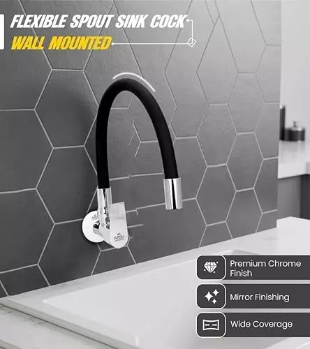 ar5h-kitchen-sink-tap-chrome-finish-with-360-flexible-single-flow-silicone-swivel-spout-wall-flange-included-black-silver