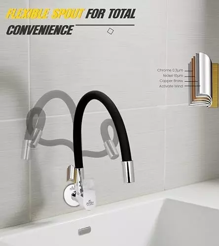 ar5h-kitchen-sink-tap-chrome-finish-with-360-flexible-single-flow-silicone-swivel-spout-wall-flange-included-black-silver