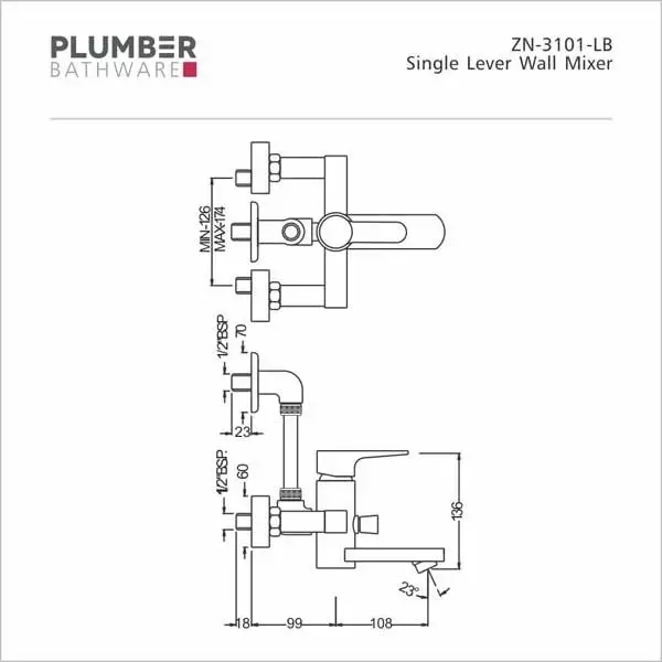 PLUMBER Zion Single Lever Wall Mixer with 'L' Shaped Tubular Bend Set for Overhead Shower, ZN-3101-LB