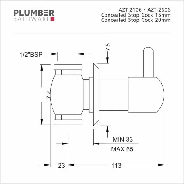 PLUMBER Aztec Series Concealed Stop Cock 15 mm, AZT-2106