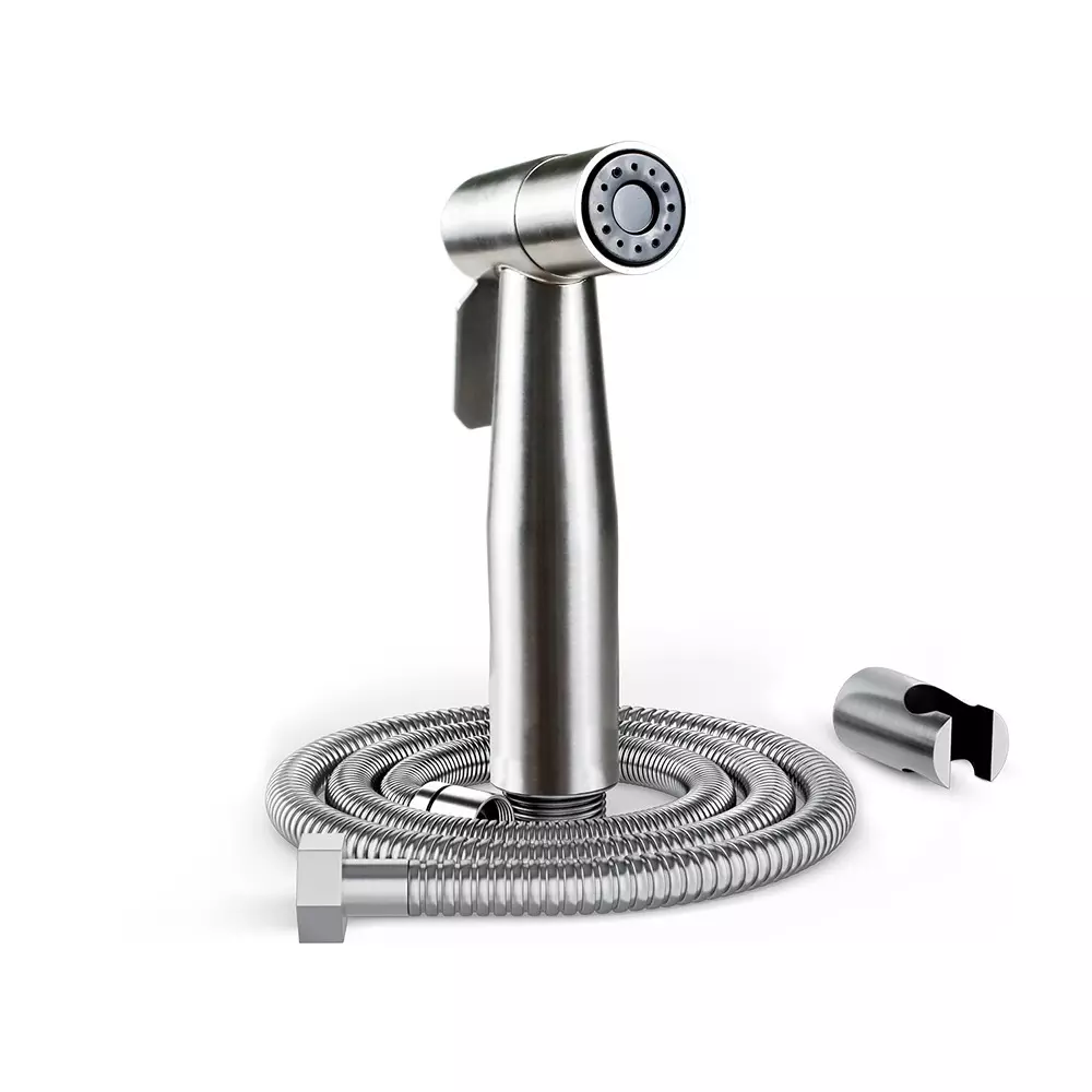 AR5H Angle Valve Brass + Health Faucet Stainless Steel SS304 with Hose & Hook Chrome Finish, Silver
