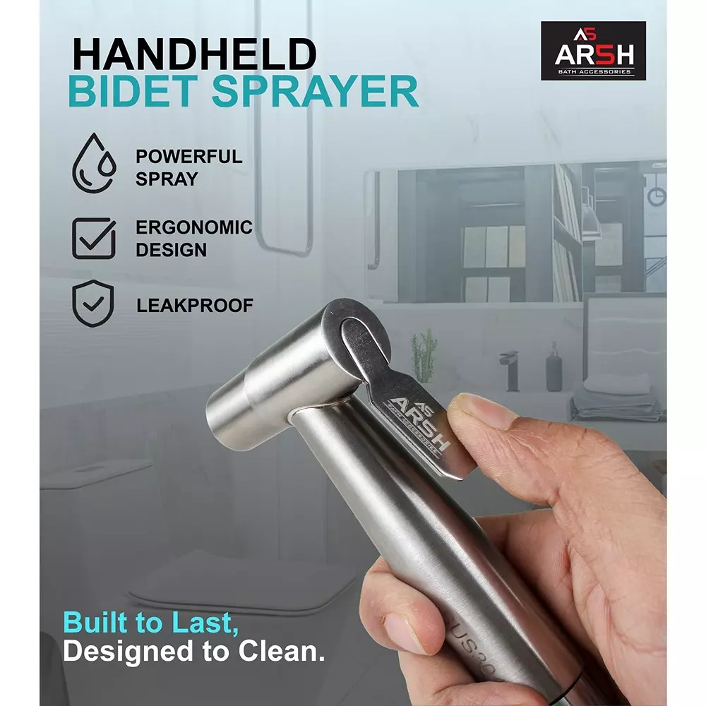 AR5H Angle Valve Brass + Health Faucet Stainless Steel SS304 with Hose & Hook Chrome Finish, Silver