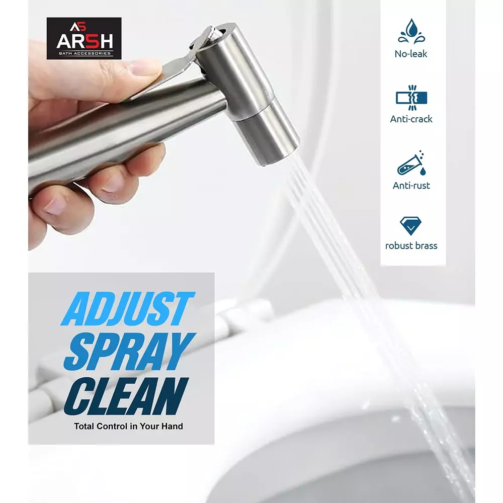 AR5H Angle Valve Brass + Health Faucet Stainless Steel SS304 with Hose & Hook Chrome Finish, Silver