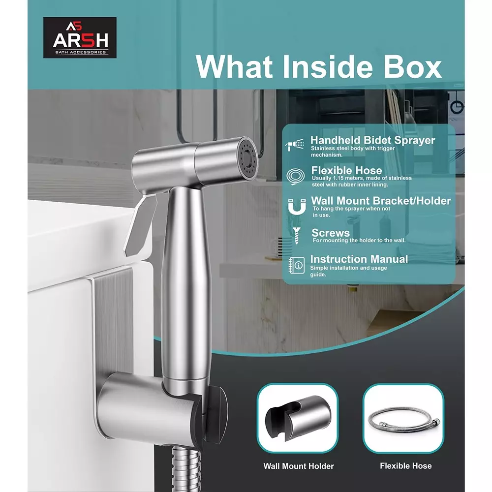 AR5H Angle Valve Brass + Health Faucet Stainless Steel SS304 with Hose & Hook Chrome Finish, Silver