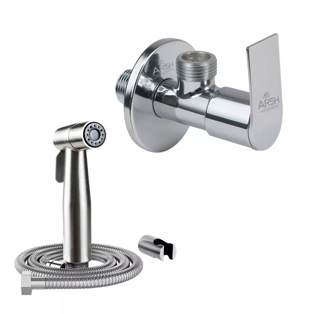 AR5H Angle Valve Brass + Health Faucet Stainless Steel SS304 with Hose & Hook Chrome Finish, Silver