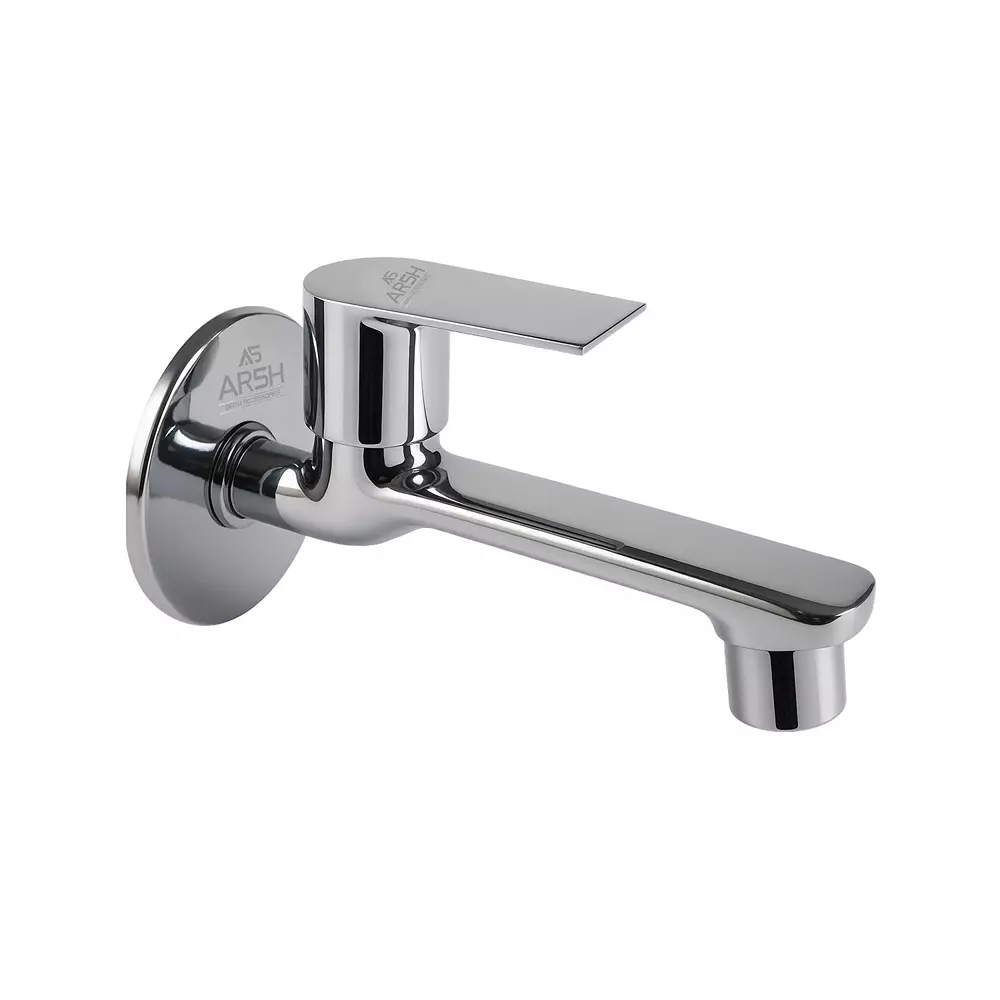 AR5H Long Nose Bib Tap with Wall Flange Chrome Finish Single Lever Operation for Wash Basin & Kitchen Sink, Silver