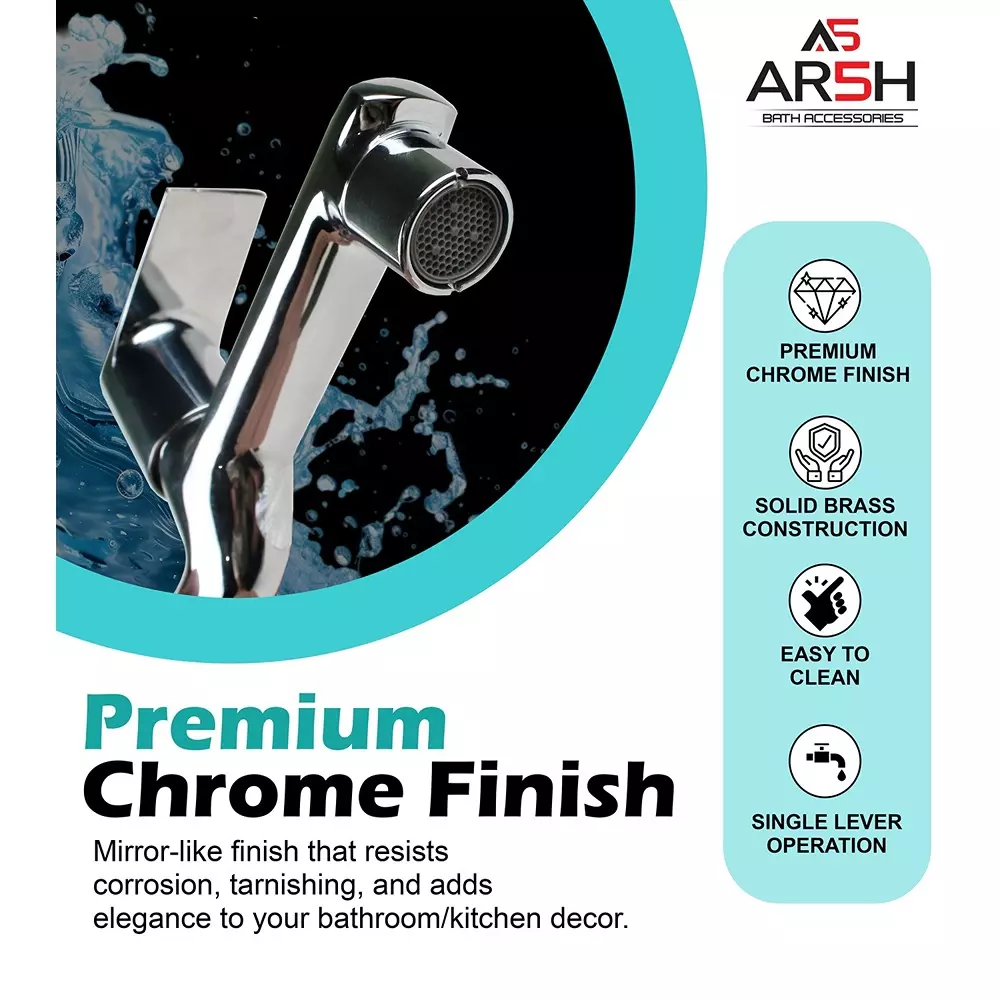 AR5H Long Nose Bib Tap with Wall Flange Chrome Finish Single Lever Operation for Wash Basin & Kitchen Sink, Silver