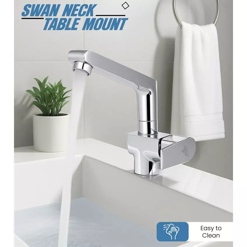 AR5H Swan Neck Kitchen Sink Faucet Table Mounted Chrome Plated Mirror Finish with 360° Rotation, ARIA-0026