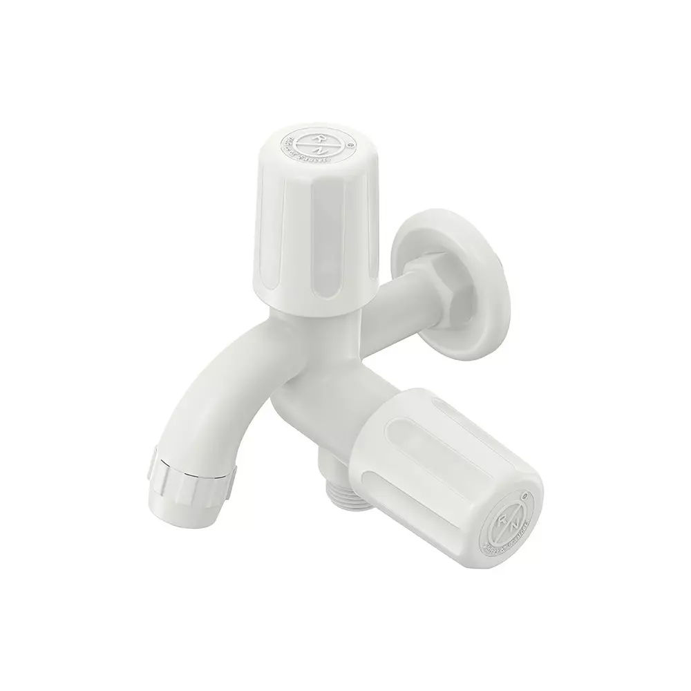 RN 2 In 1 BIB Tap With Flange PTMT White 1/2 Inch (15 mm) Size for Kitchen & Bathroom Use, RNSAF01A16