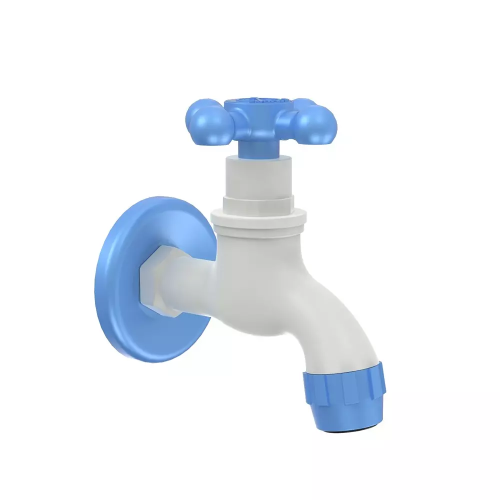 RN Rimjhim Collection Foam Flow BIB Tap With Flange PTMT White Blue 1/2 Inch (15 mm) Size for Kitchen & Bathroom Use, RNRIM19A32