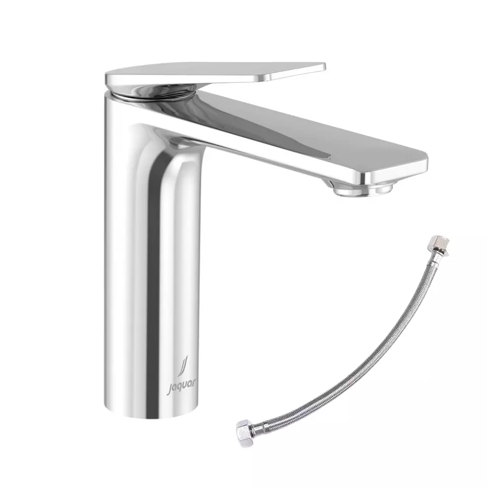 Jaquar Laguna Single Lever Extended Basin Mixer Tap with 450 mm Long Braided Hose Silver Stainless Steel 128 mm for Home Use, LAG-CHR-91023B