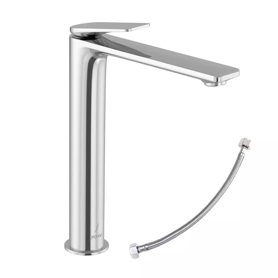 Jaquar Laguna Single Lever Tall Body Tap with 600 mm Long Braided Hose & Base Flange Silver Stainless Steel for Home Use, LAG-CHR-91005BWF