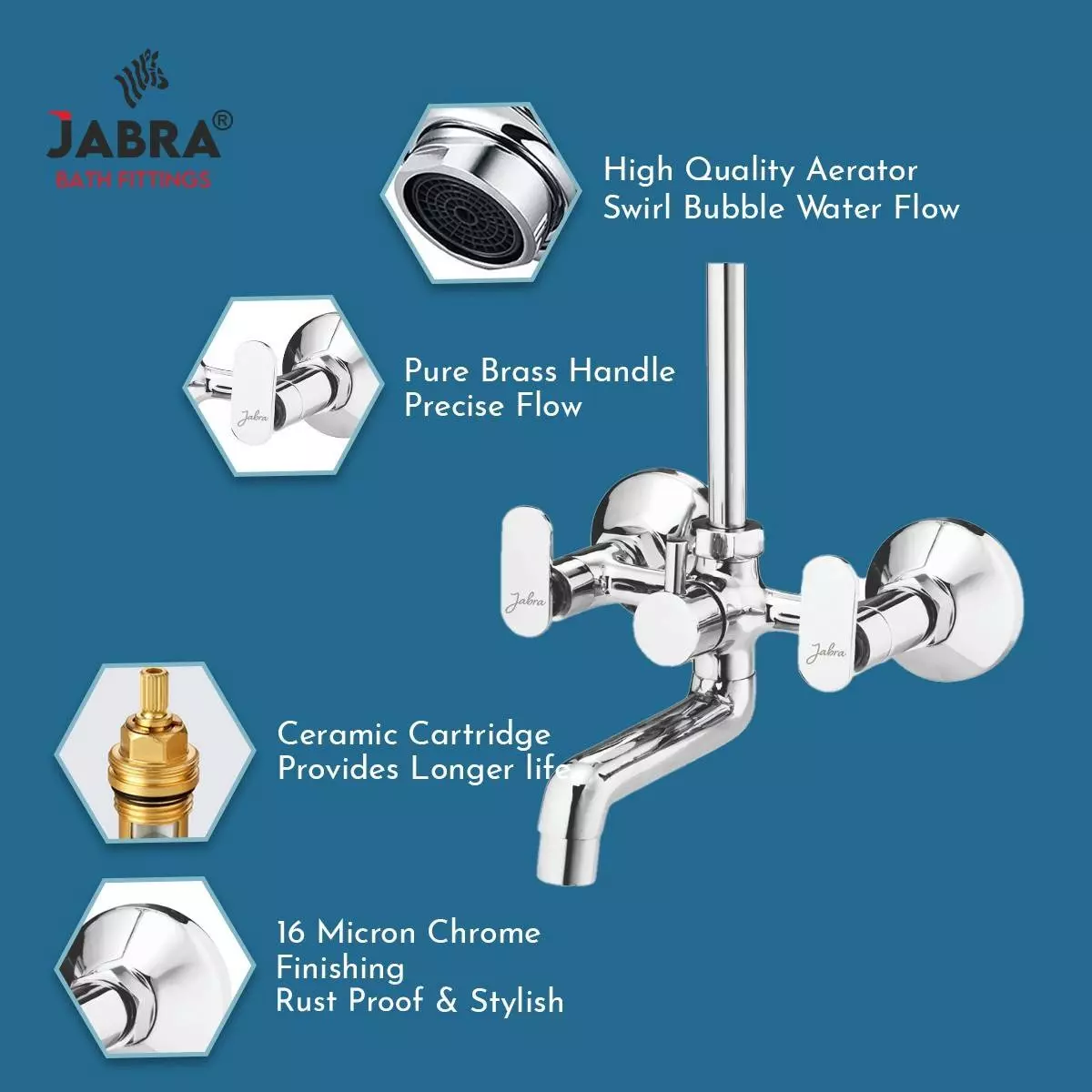 Jabra Wall Mixer With L-Bend (L) Leaf Series Brass Chrome Finish Wall Mount Silver
