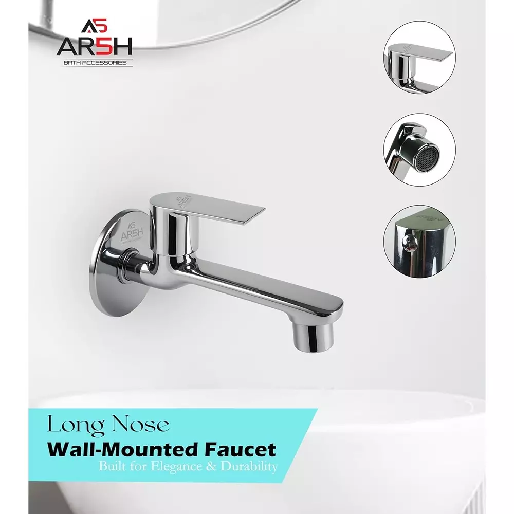 AR5H Long Nose + Bib Tap Combo Brass Wall Mounted Chrome Finish Single Lever Operation, Silver