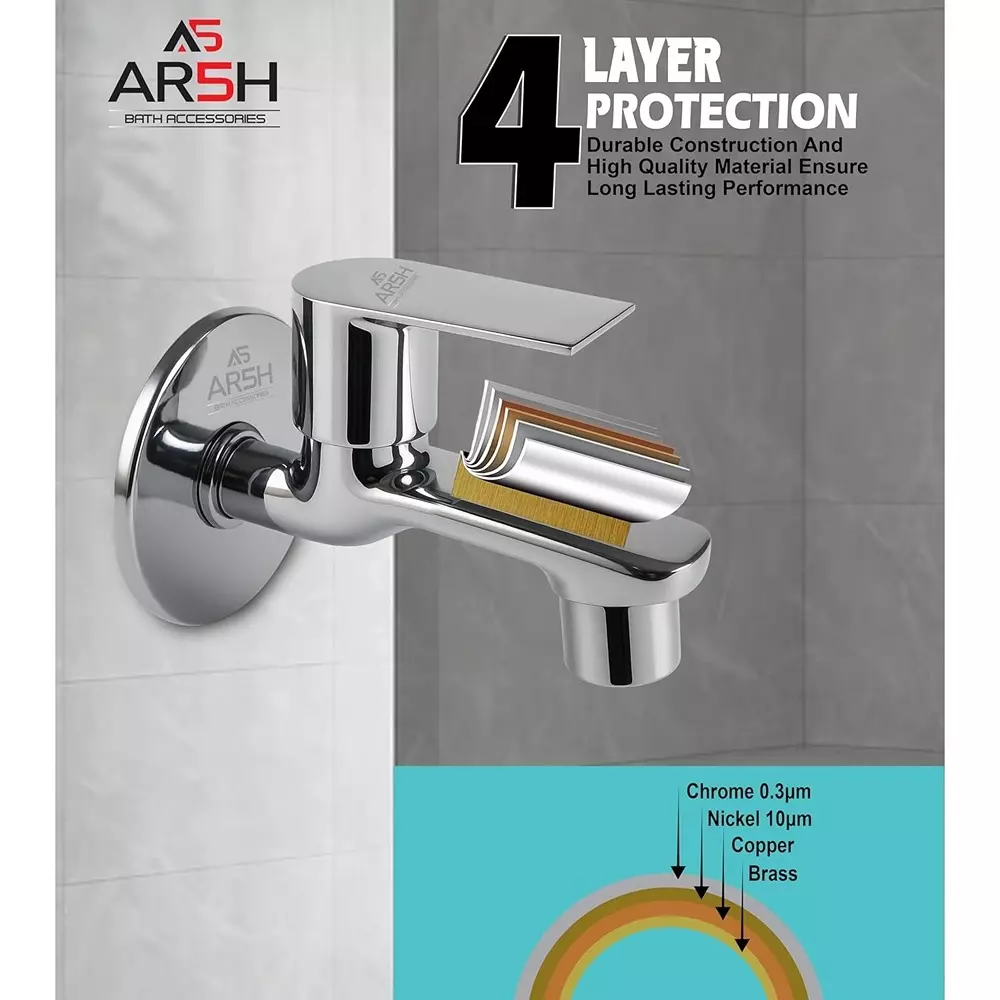AR5H Long Nose + Bib Tap Combo Brass Wall Mounted Chrome Finish Single Lever Operation, Silver