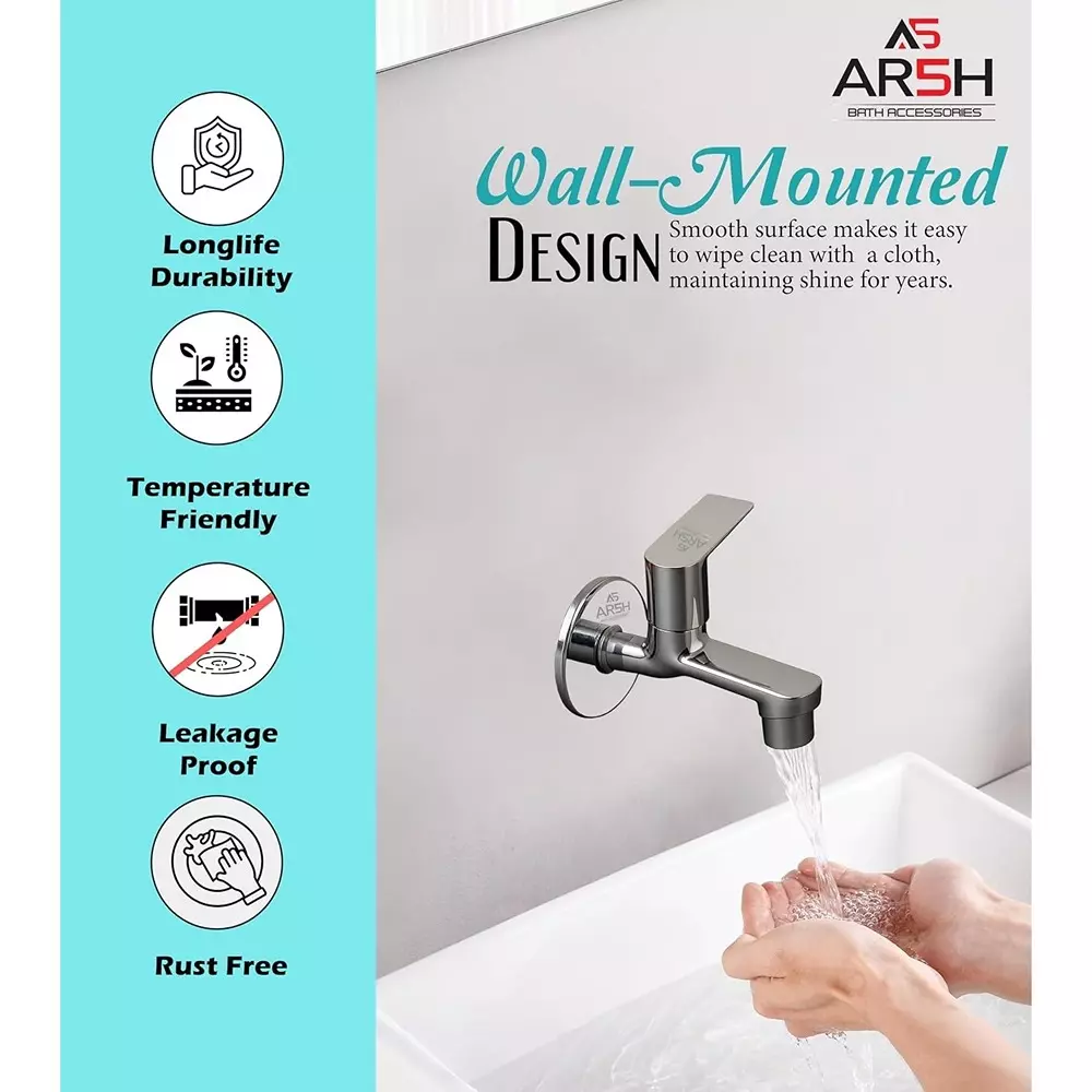 AR5H Long Nose + Bib Tap Combo Brass Wall Mounted Chrome Finish Single Lever Operation, Silver