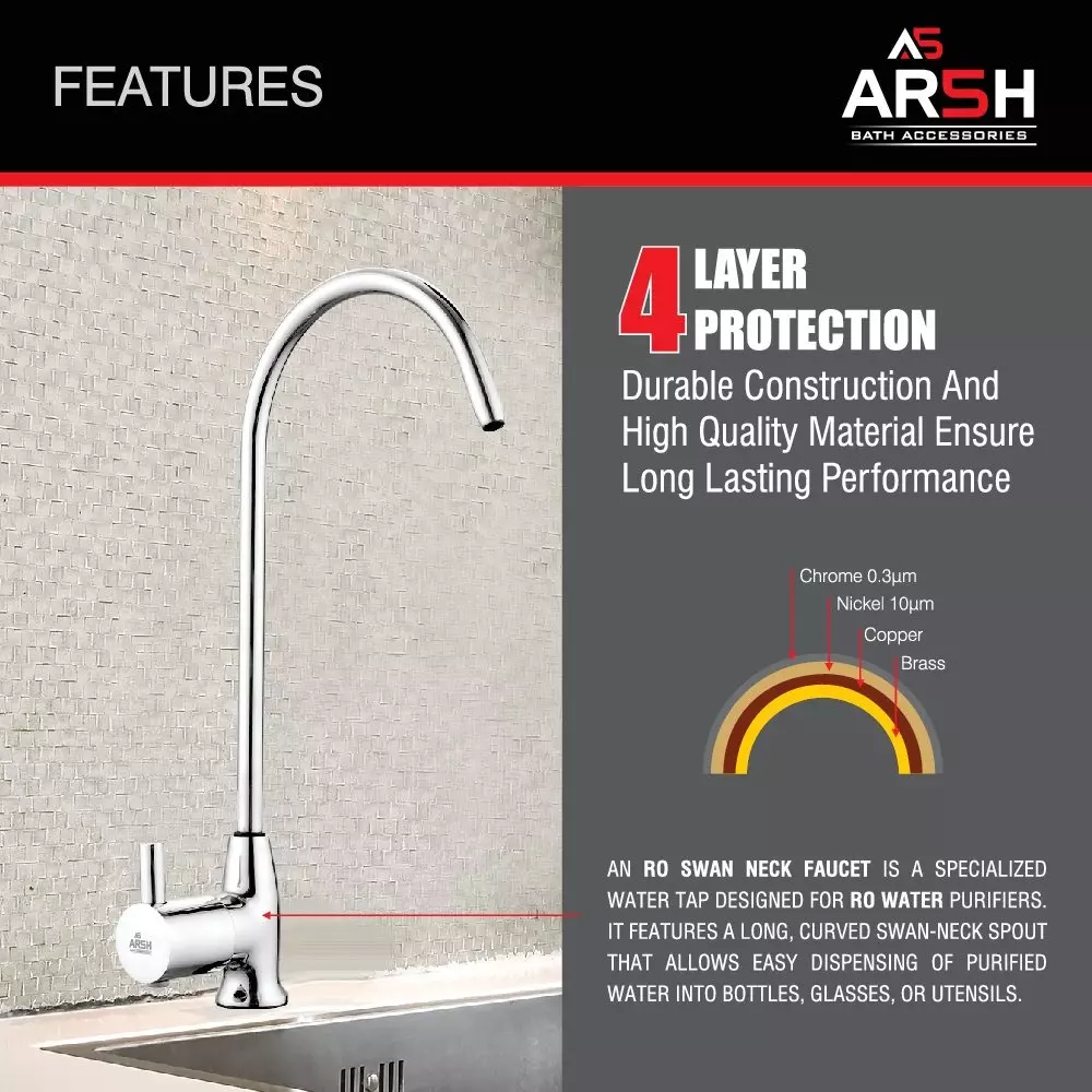 AR5H RO Swan Neck Faucet 360° Swivel with Long Thread Brass Chrome Finish ‎Deck Mount, STIC RO-0019