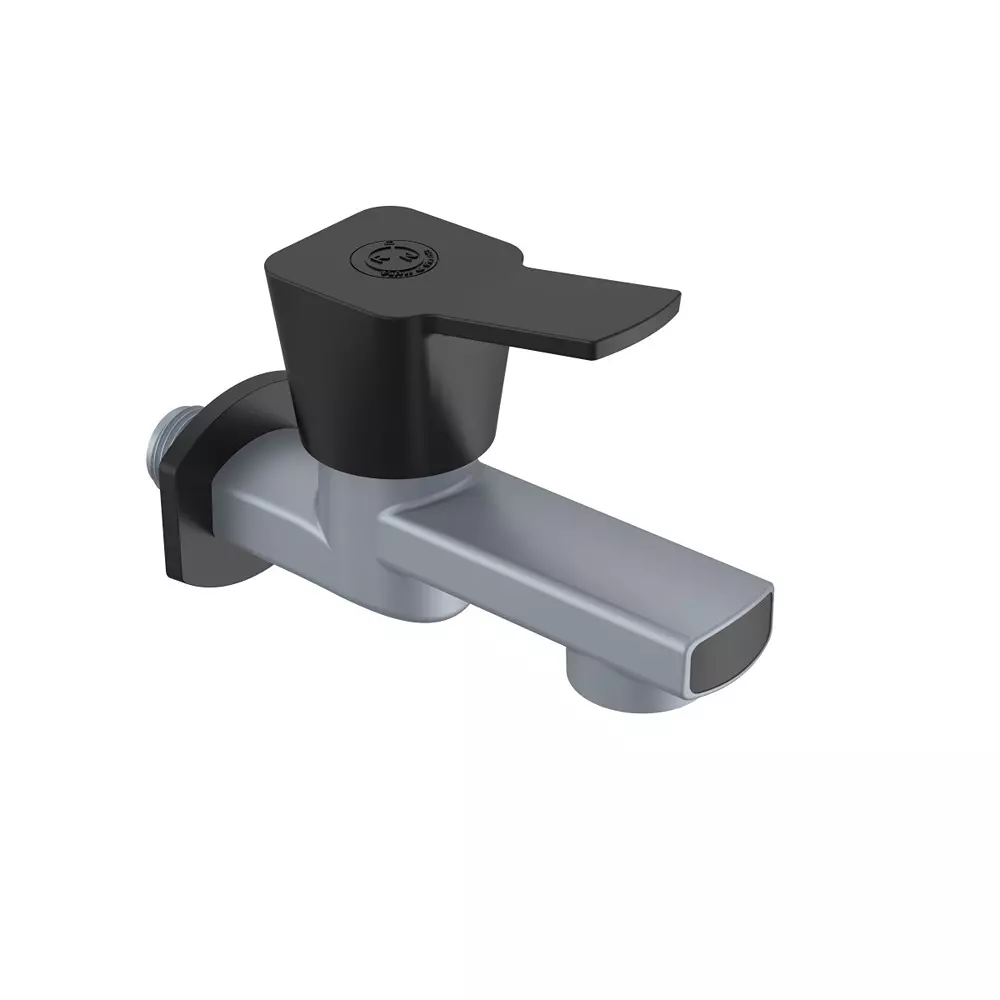 RN PTMT Foam Flow BIB Tap With Flange 1/2 Inch (15 mm) Size Metallic Grey Black Polybag Packaging for Kitchen & Bathroom Use