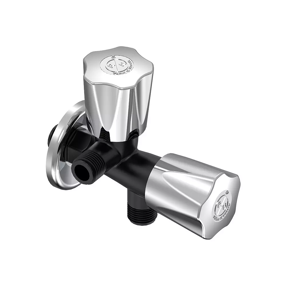 RN 2 In 1 Angle Tap With Flange PTMT Black Chrome 1/2 Inch (15 mm) Size for Kitchen & Bathroom Use, RNMAJ32D15