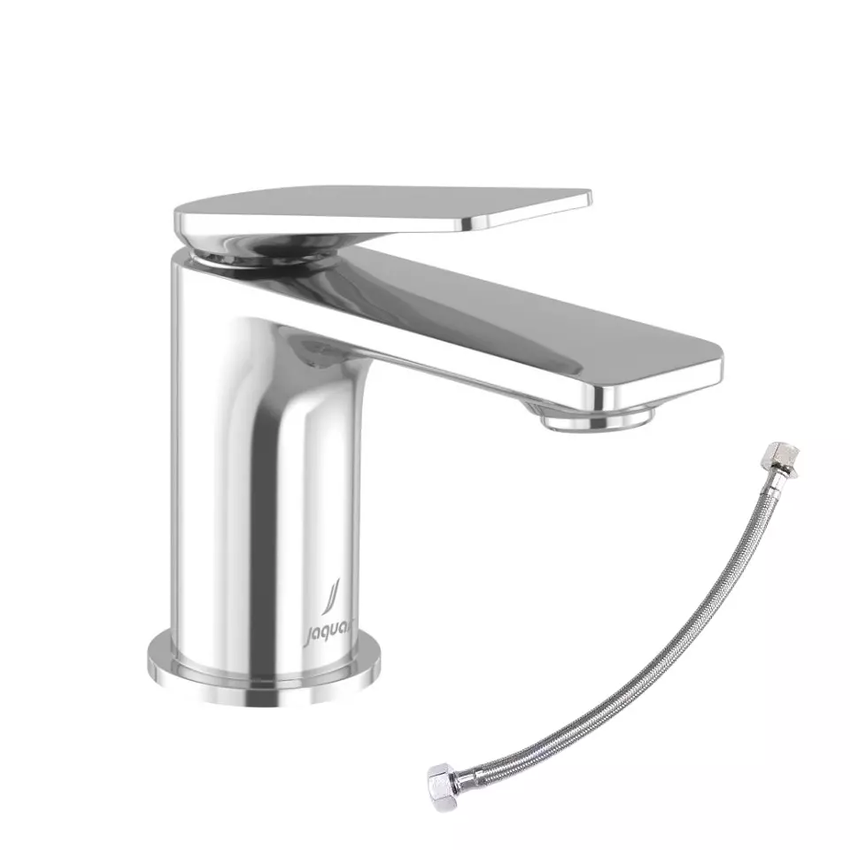 Jaquar Laguna Single Lever Basin Mixer Tap with 450 mm Long Braided Hose & Base Flange Silver Stainless Steel for Home Use, LAG-CHR-91011BWF