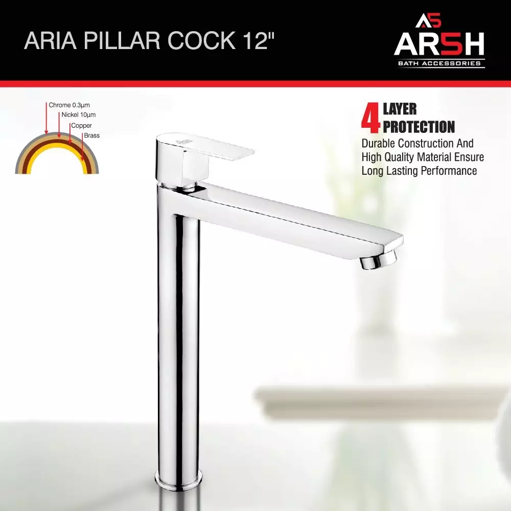 AR5H Modern Pillar Sink Faucet Water Tap Brass Chrome Finish 30.48 cm (12 inch) 780 g, ARIA-007