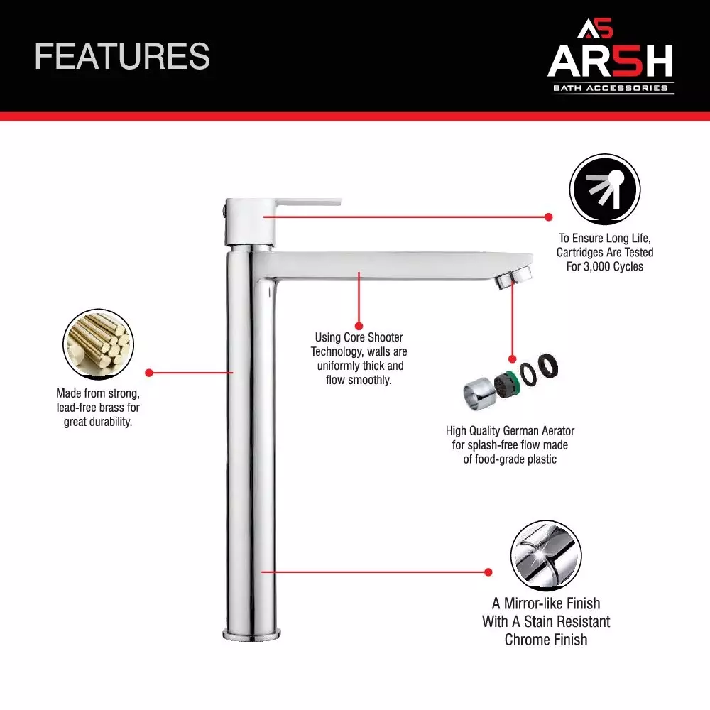 AR5H Modern Pillar Sink Faucet Water Tap Brass Chrome Finish 30.48 cm (12 inch) 780 g, ARIA-007