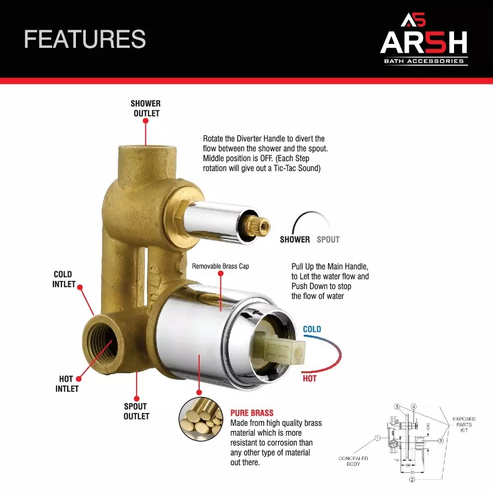 AR5H Concealed Body High Flow Diverter 4-Way with Exposed Part Kit Brass Chrome Finish, ARIA-0012