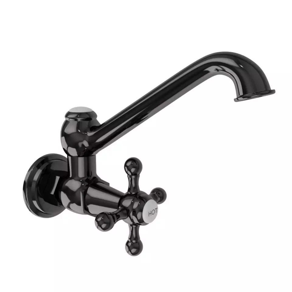 Jaquar Sink Cock With Regular Swinging Spout (Wall Mounted Model) With Wall Flange Black Chrome Finish, QQT-BCH-7347