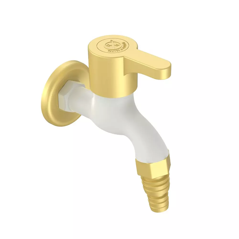RN Nozzle BIB Garden Tap With Flange PTMT White Bright Gold Box Packaging Type 1/2 Inch (15 mm) Size for Kitchen & Bathroom Use, RNPRB37A08