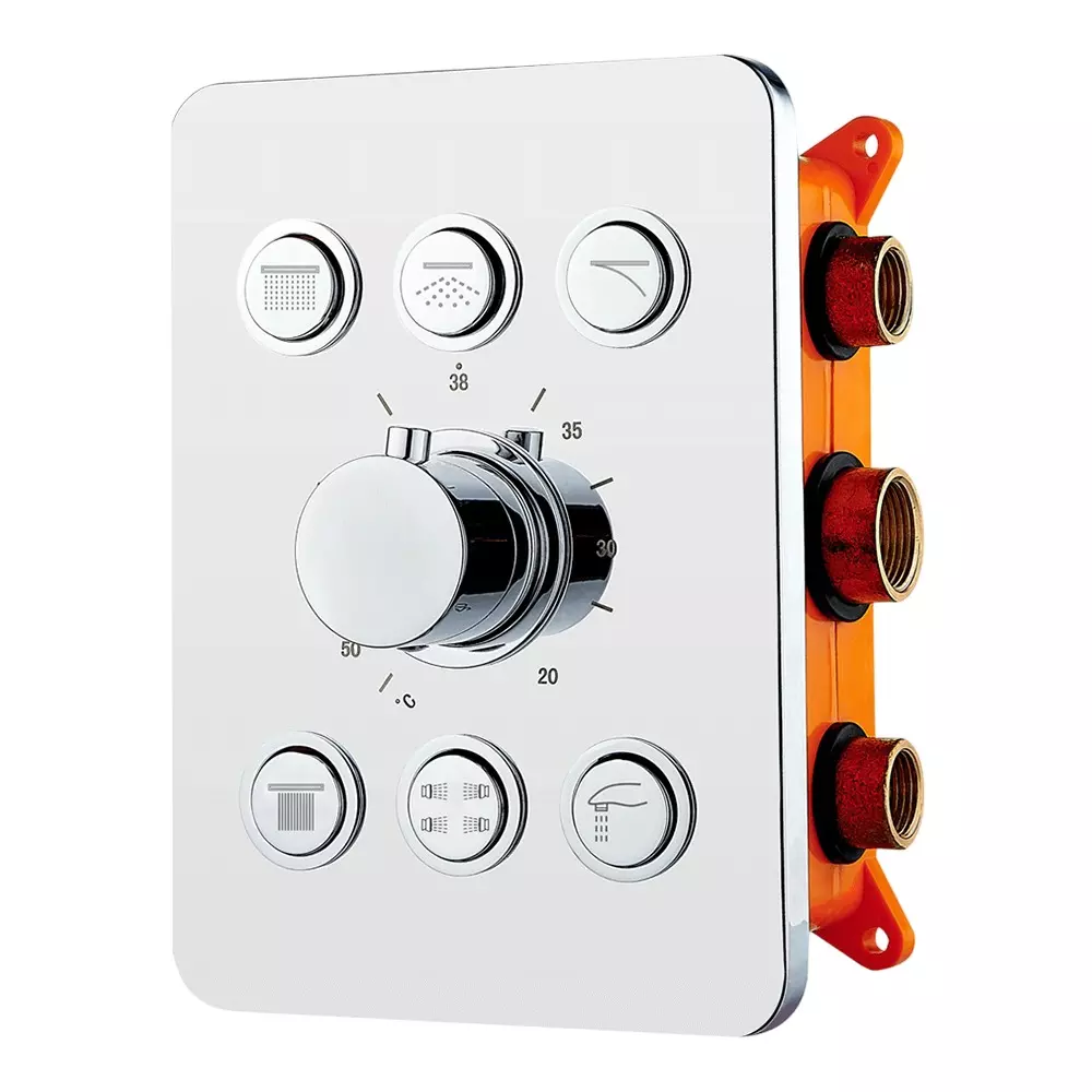 IVAS Thermostat Diverter Push Button with Concealed Part 6 Way Wall Mounted Chrome Finish Silver for Bathroom & Toilets Use, IM12009680