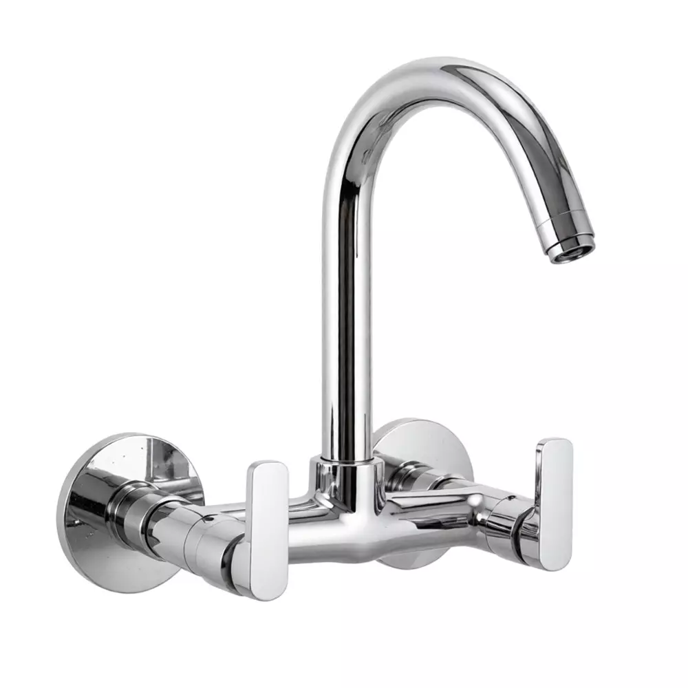 PLUMBER Ecoline Series Eon Range Two Hole Sink Mixer With Swivel Spout and Foam Flow, Chrome Finish and Wall Mounted, EON-5104