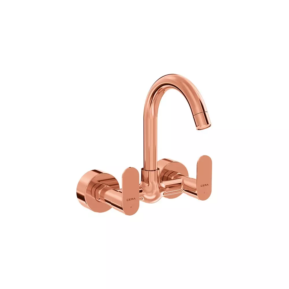 CERA Curve Sink Mixer Tap With Long Swivel Spout Connecting Leg & Wall Flange 6 Inch (150 mm) Rose Gold for Bathroom Use, F1023501RG