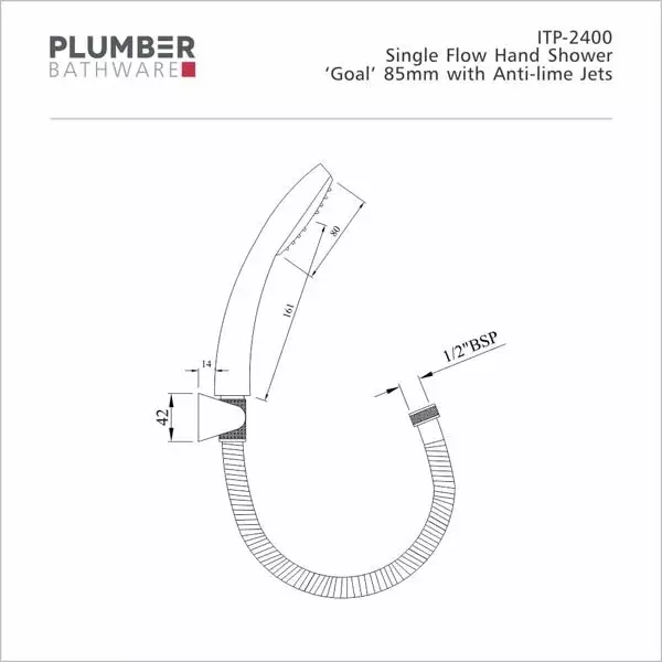PLUMBER GOAL Single Flow Hand Shower 100 mm with Antilime Jets & 1.5 m S.S. Chrome Plated Tube & Holder, ITP-2400N