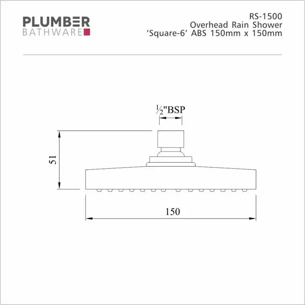PLUMBER SQUARE-6 Overhead Rain Shower Silver (with Grey Face Plate) 150x150 mm with Antilime Jets & 228 mm (9 inch) Square Shower Arm, RS-1500