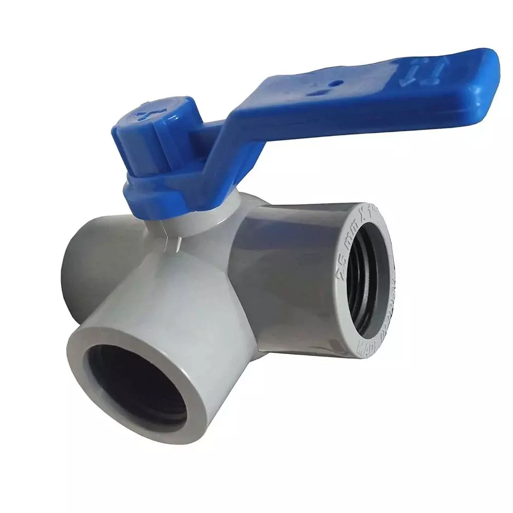 Kamal Agrotech PVC White & Blue Three-Way Ball Valve 1 inch (25.4 mm) with Handle