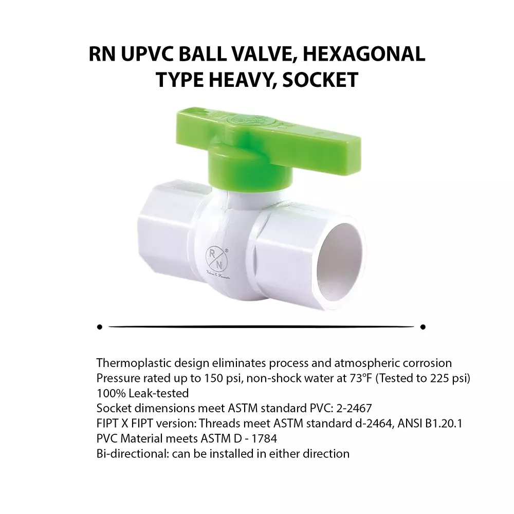 RN Hexagonal Ball Valve UPVC White & Green Heavy Socket 1 1/4 Inch (32 mm) Size for Control Water, Air & Oil Flow, 3750