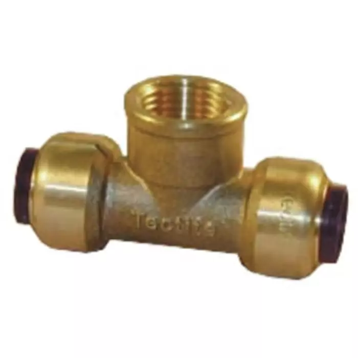 Pegler Yorkshire Brass Pipe Fitting Tee Push Fit Branch Tee Female 1/2in to Female 15 mm, 65840