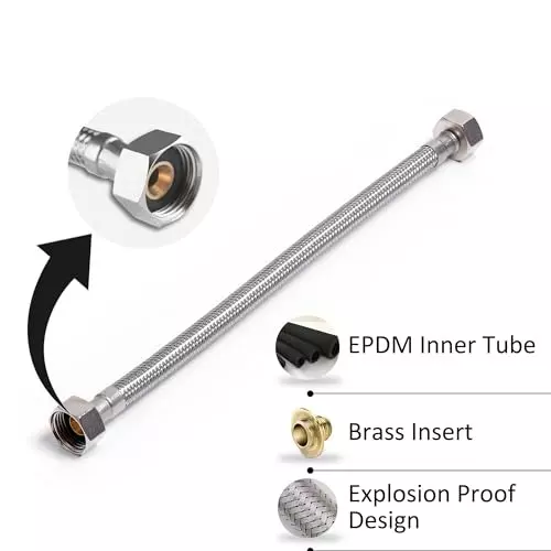 Luv Bath Connection Pipe 12 Inch (30 cm) Anti-Burst Stainless Steel Silver