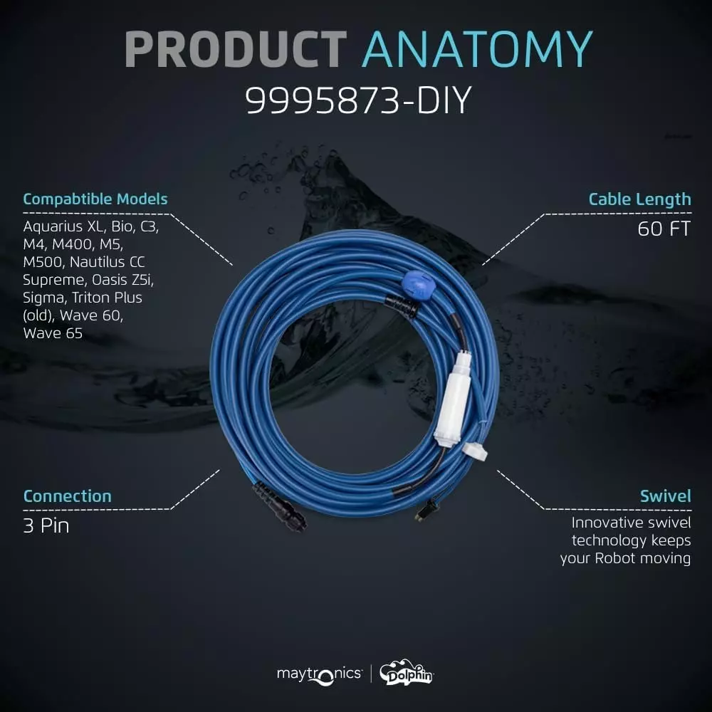 Maytronics Communication Cable 60 ft Cable with Swivel 3 Pin Blue For Tangle-Free Operation