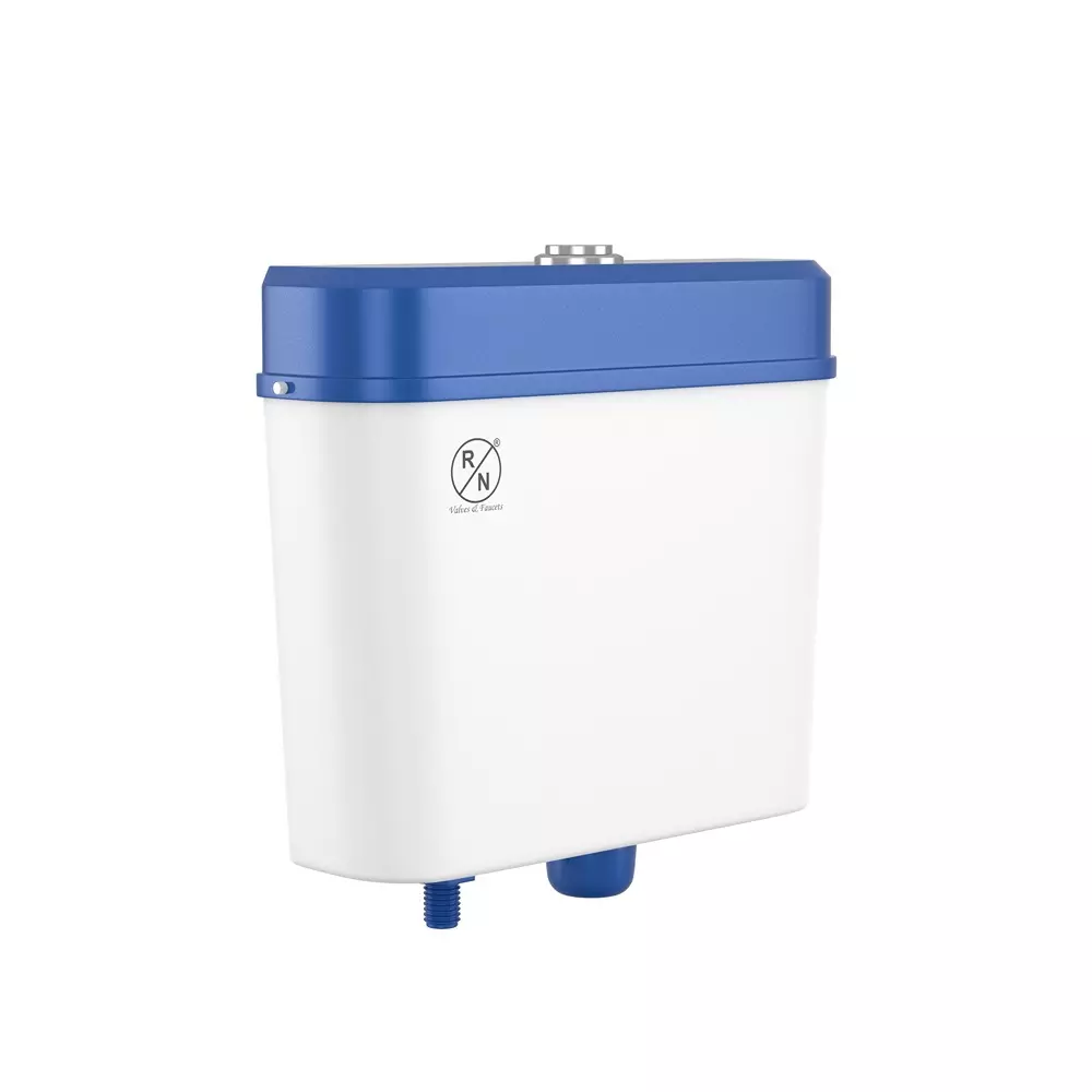 RN Cisterns Slim Top Button Dual Flush 8 L Tank Capacity White Metallic Blue PVC for Toilet Seat Use, RNCSVD0203