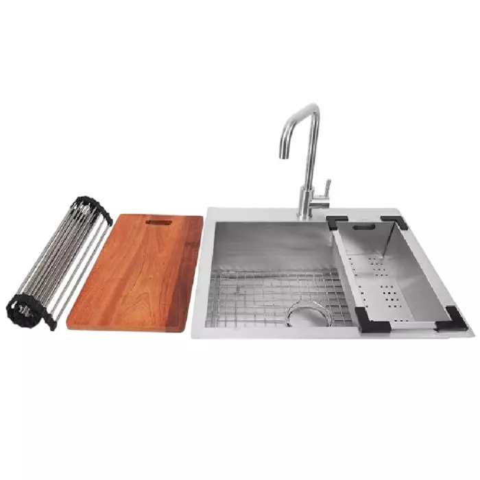 Jayna Combo Series Single Bowl Kitchen Sink Satin with Faucet & Accessories 24x20 Inch, COMBO -01A